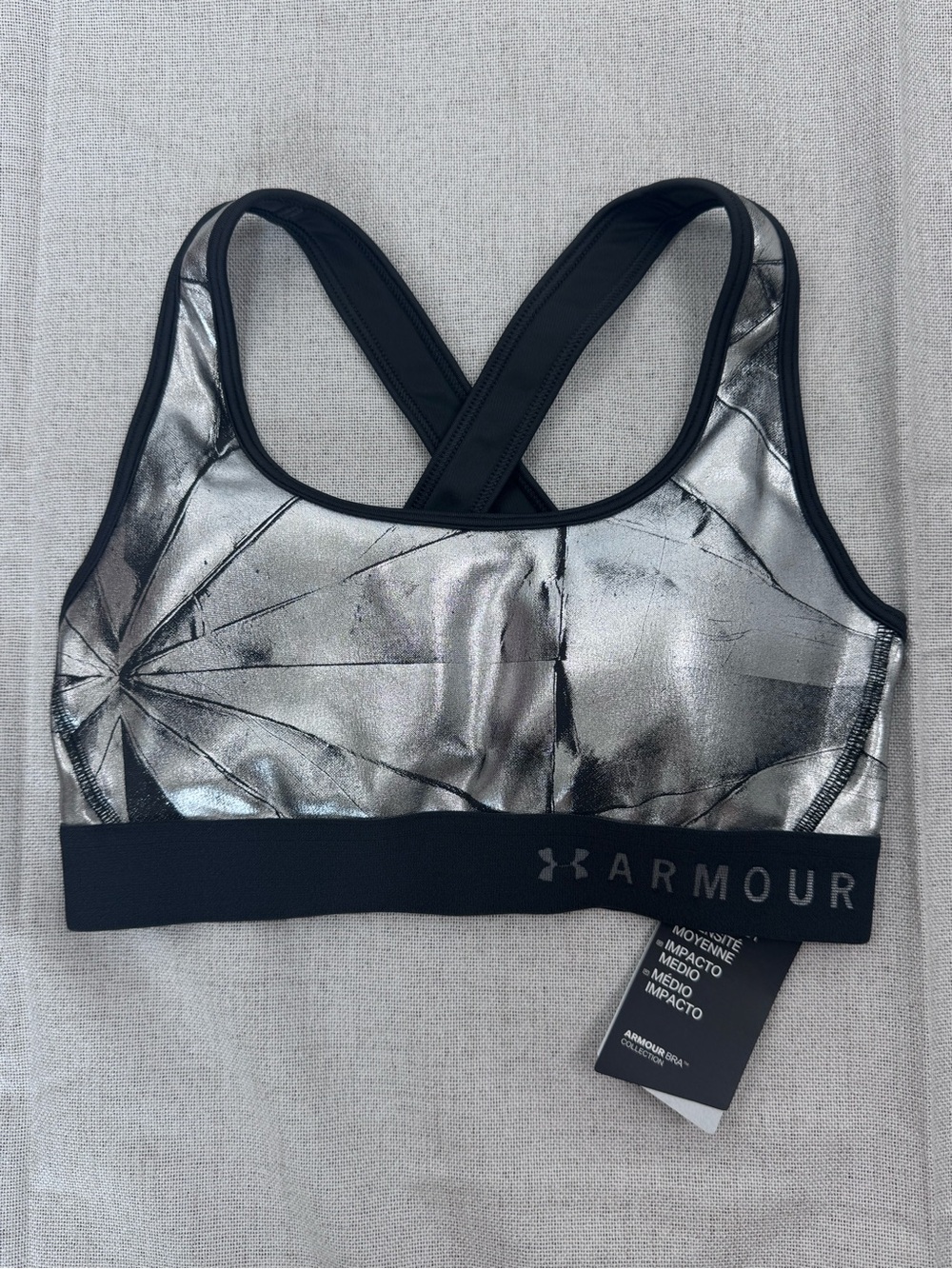 Under Armour Silver and Black Metallic Crossback Sports Bra